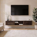 Meuble TV mural en bois avec portes coulissantes et niche ouverte pour téléviseur grand format
