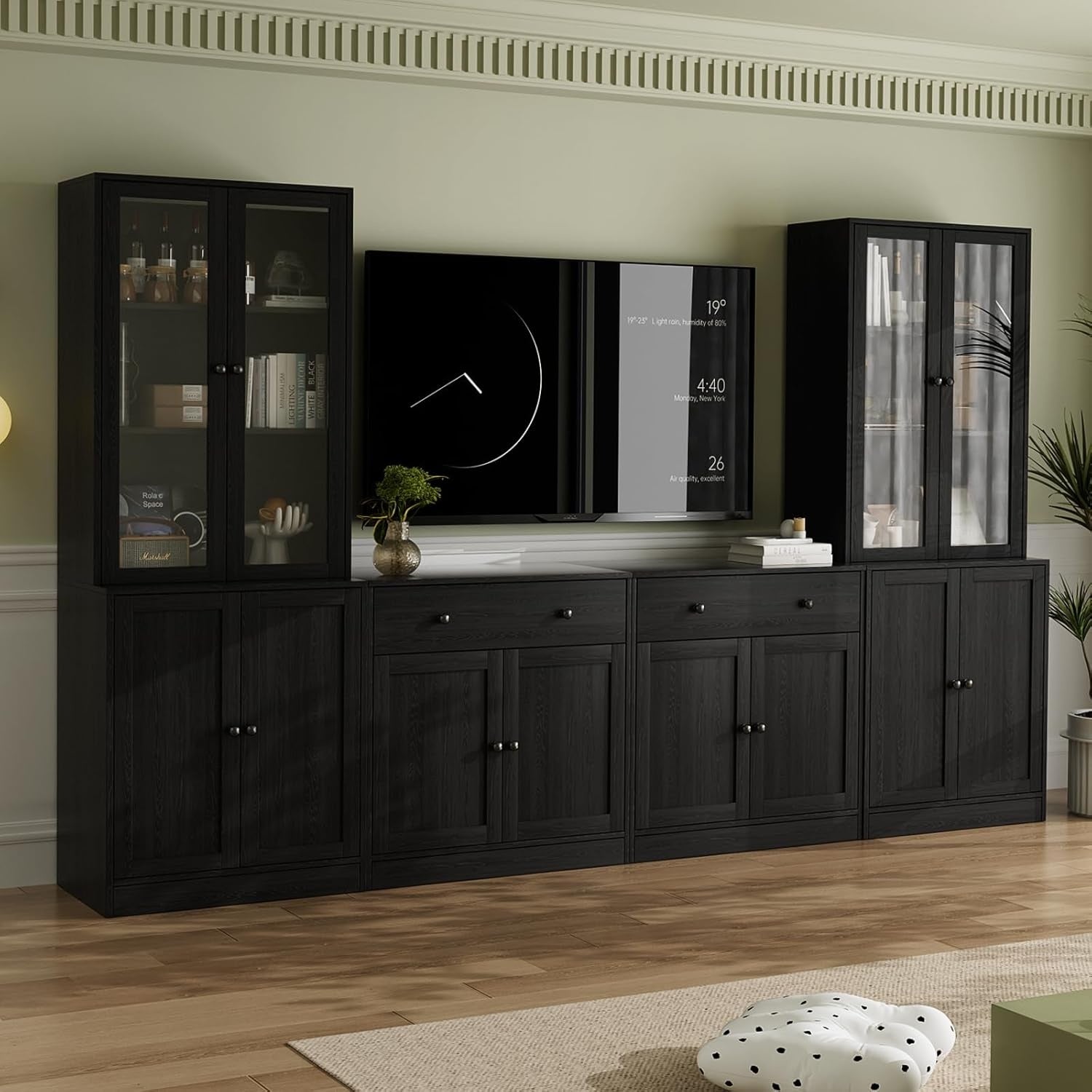 Meuble TV mural 280 x 180,3 x 40 cm avec bibliothèque et portes vitrées, support TV jusqu'à 75 pouces, grand ensemble de rangement pour salon, finition noire