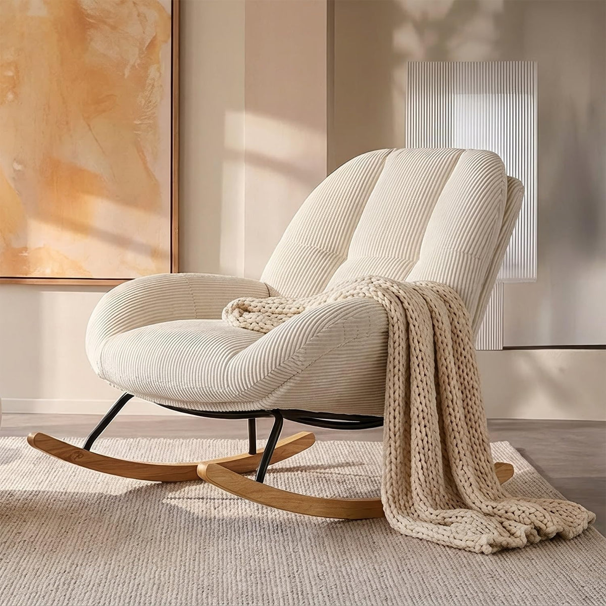 Fauteuil a bascule en velours cotele avec pieds en bois dhevea, fauteuil de detente beige pour salon ou chambre