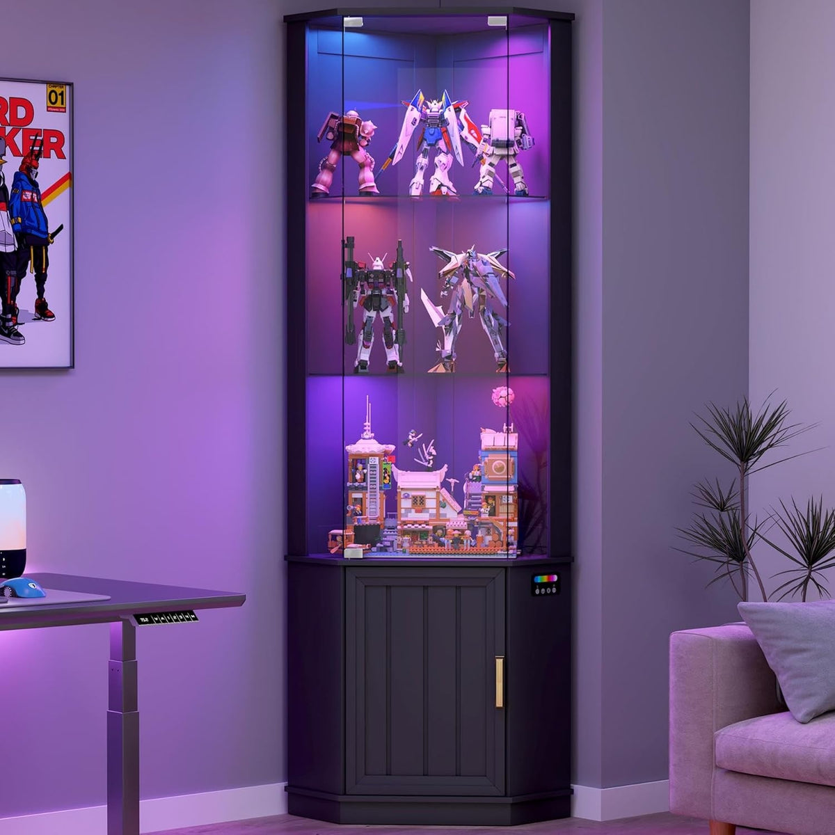 Armoire d'angle vitrée avec capteur de présence, éclairage dynamique RGB et porte verrouillable, 175 cm