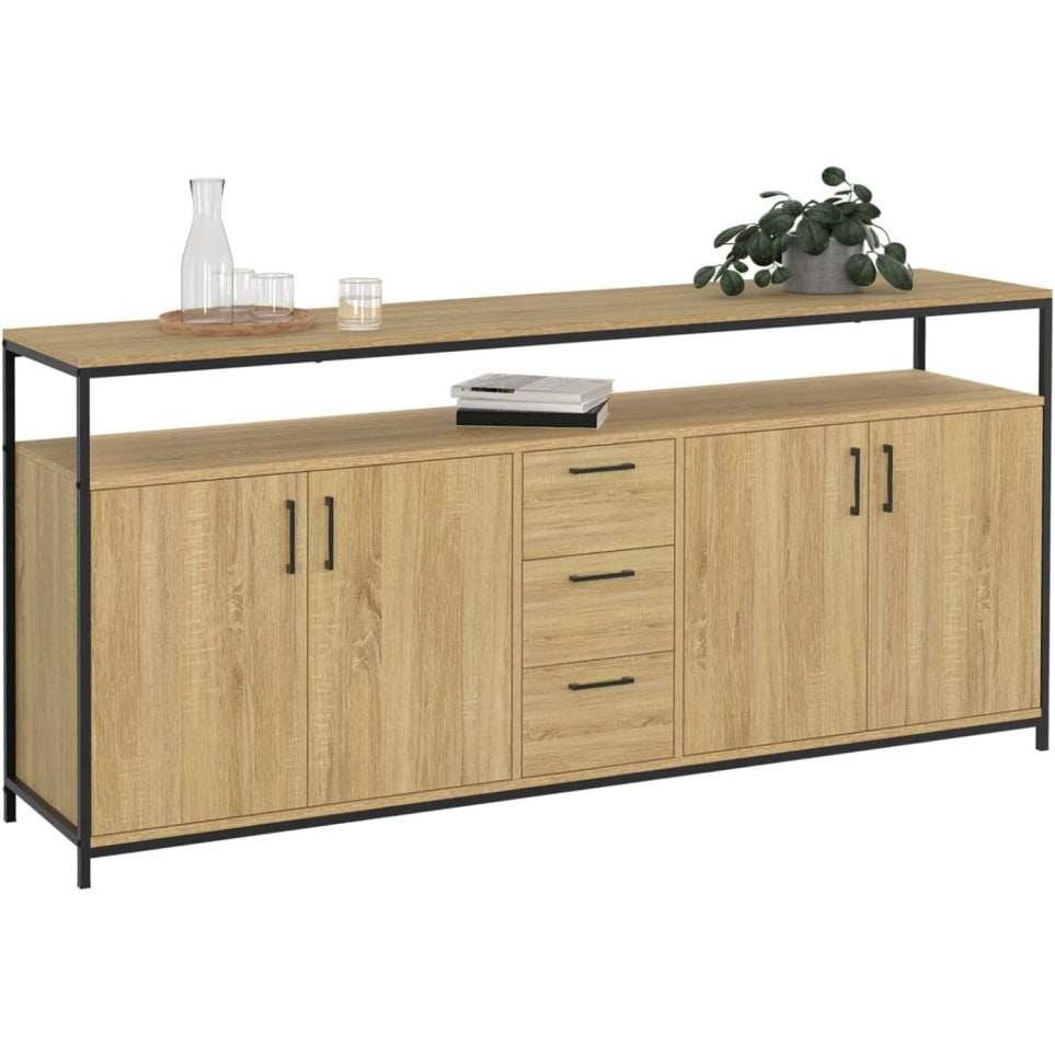 Buffet industriel 180 cm avec 4 portes et tiroirs, meuble de rangement grande capacite