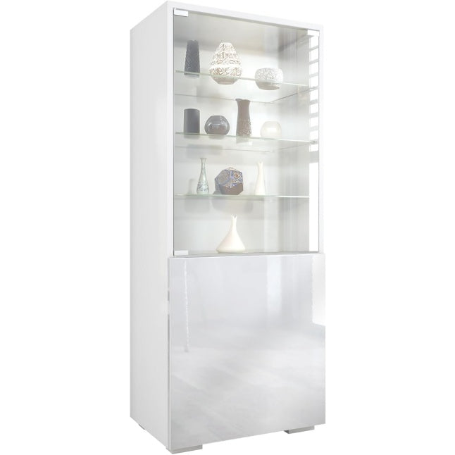 Armoire vitrée contemporaine avec porte en verre et finition blanc mat et blanc brillant