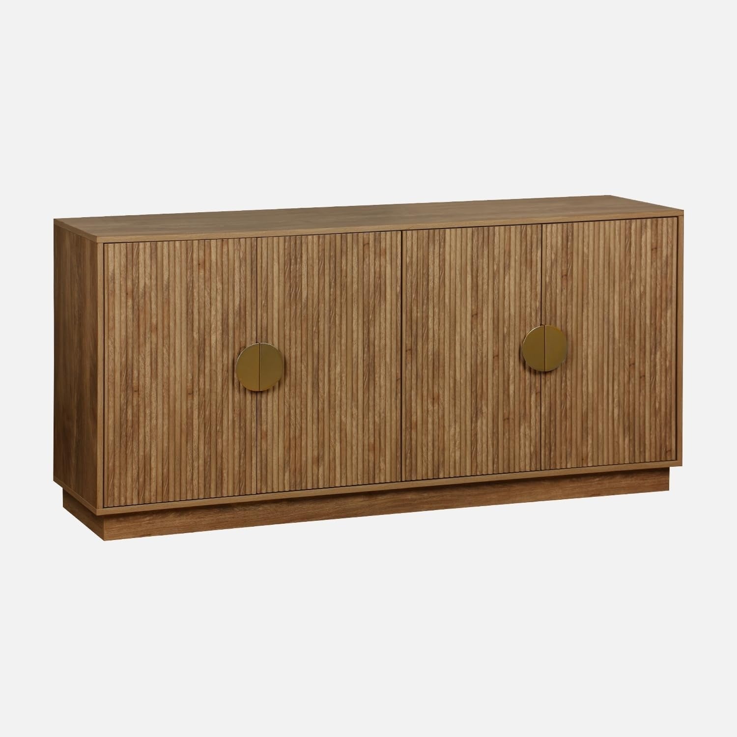 Buffet bas exotique à 4 portes avec finition en bois de manguier rainuré et poignées métalliques dorées