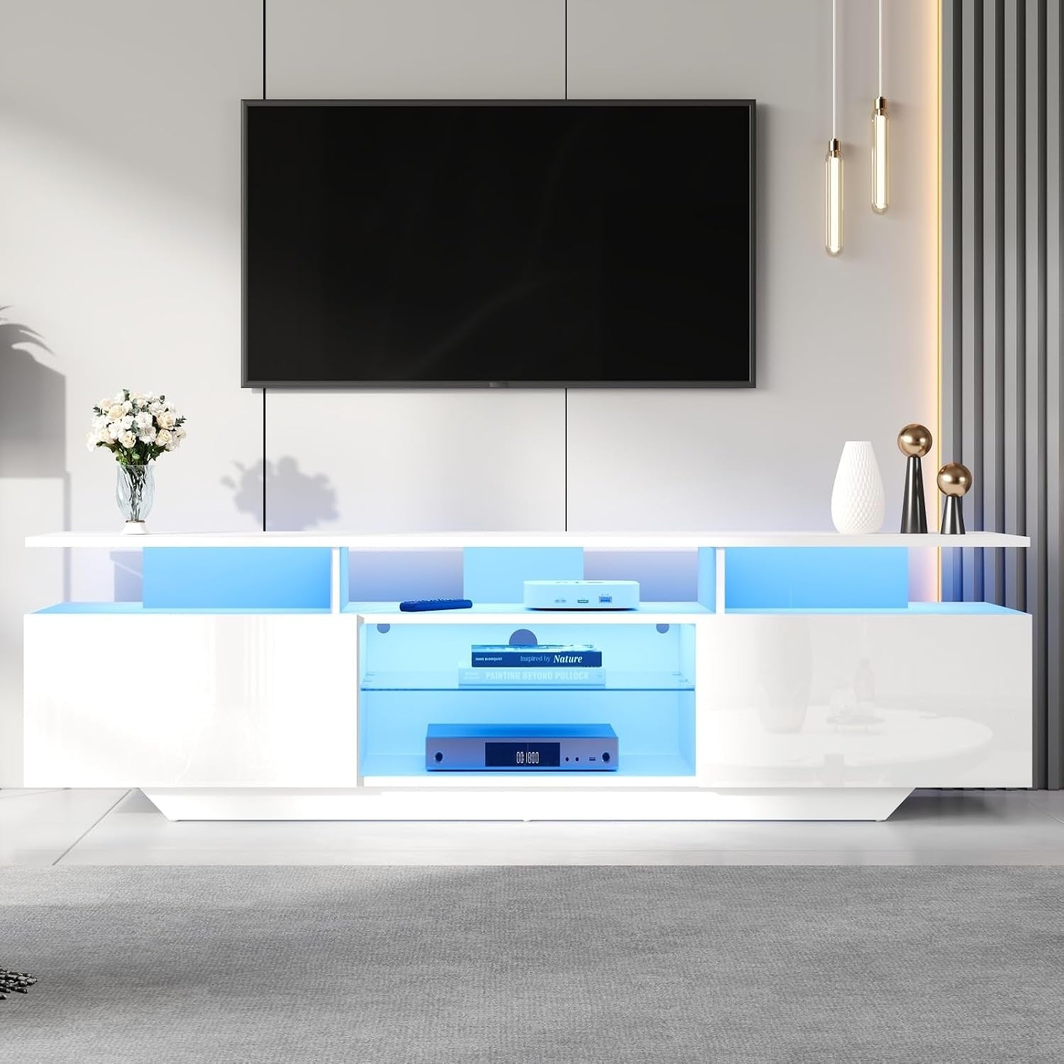Support TV 160 cm avec eclairage LED multicolore et rangements integres, compatible ecran jusqua 70 pouces