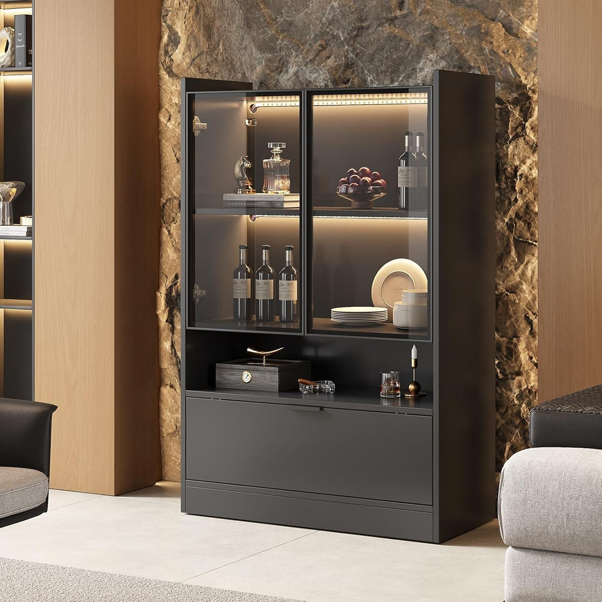 Vitrine noire avec deux portes vitrées, éclairage LED multicolore et porte abattante