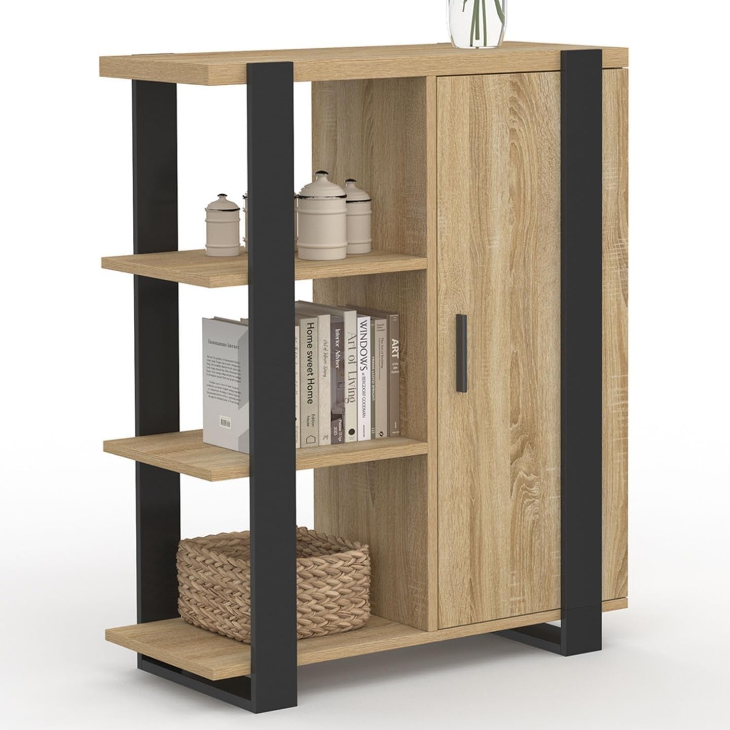 Buffet dappoint 70 cm avec trois etageres et placard, finition bois et noir
