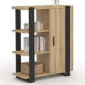 Buffet dappoint 70 cm avec trois etageres et placard, finition bois et noir