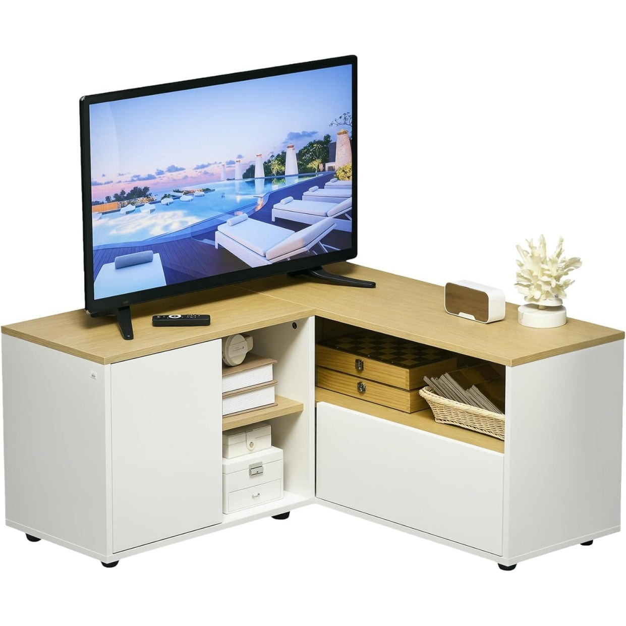 Support TV d'angle avec espaces de rangement, finition bois clair et blanc pour écran jusqu'à 40 pouces