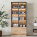 Vitrine marron avec portes vitrées, éclairage LED, deux grands tiroirs et cinq étagères