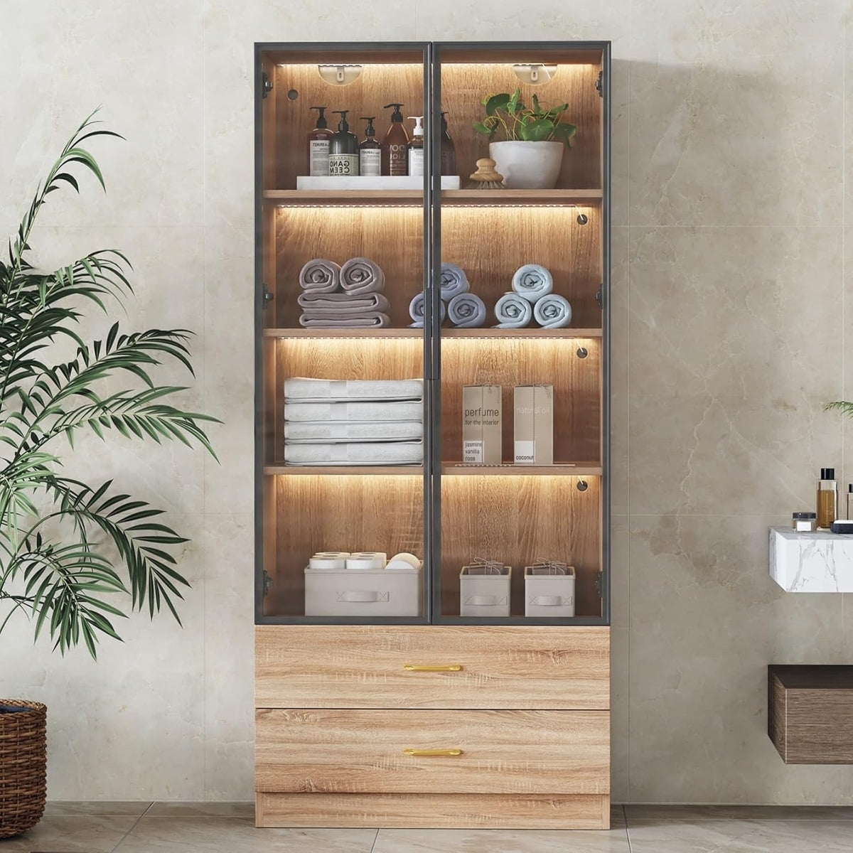 Vitrine marron avec portes vitrées, éclairage LED, deux grands tiroirs et cinq étagères