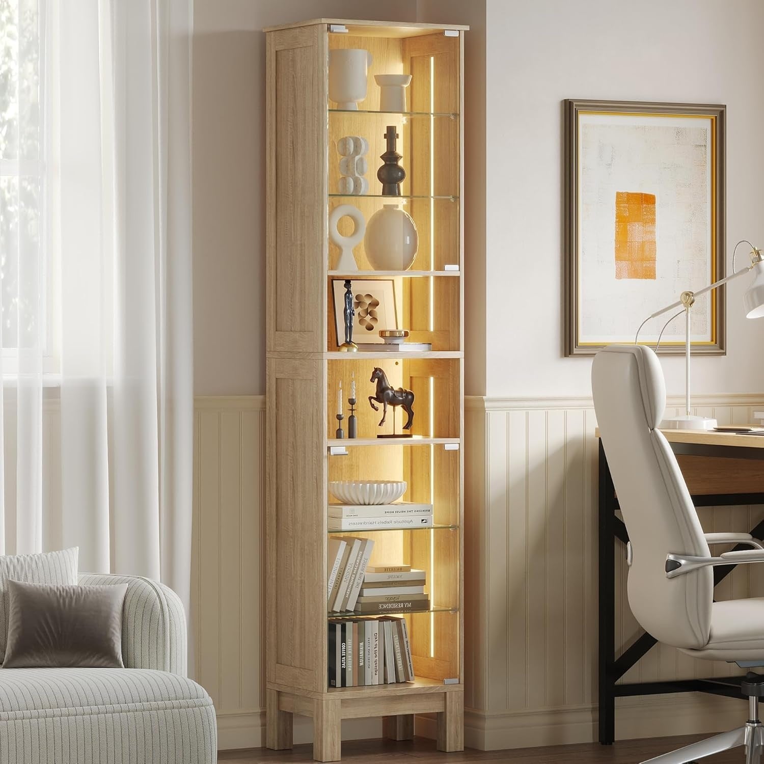Vitrine LED 180 cm avec porte en verre trempé, 8 étagères dont plusieurs réglables, éclairage 3 couleurs, finition chêne