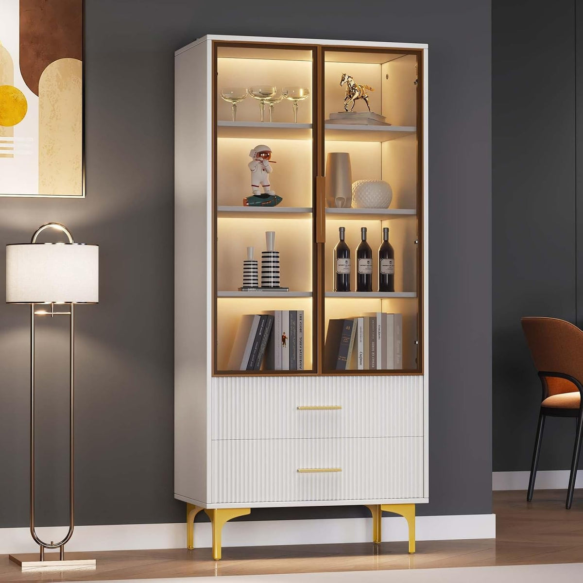 Armoire vitrée avec éclairage LED, tiroirs et porte en verre pour cuisine, salon ou bureau