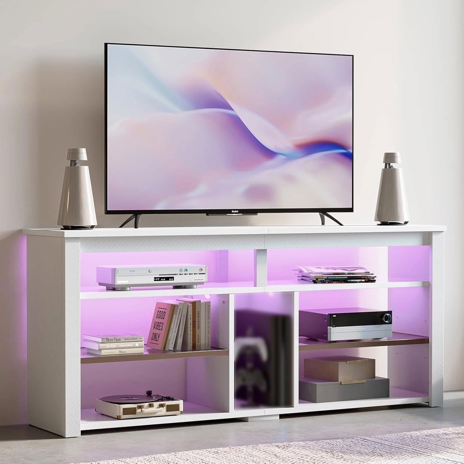 Meuble TV LED avec étagères réglables et espace de rangement pour console, support TV jusqu'à 65 pouces, blanc