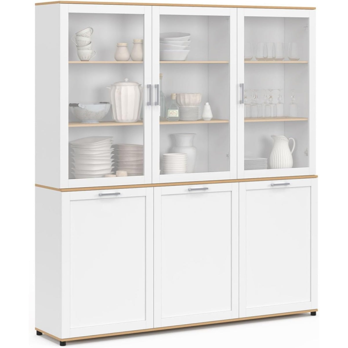 Armoire de cuisine 160 cm avec six portes, finition blanc et bois naturel