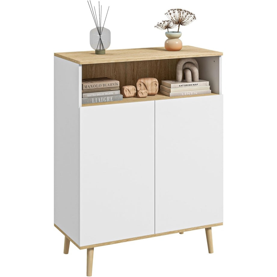 Buffet scandinave avec placard 2 portes, étagère réglable et pieds en bois massif, meuble de rangement blanc effet bois