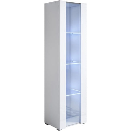 Vitrine blanche avec éclairage LED, porte vitrée et design contemporain pour salon