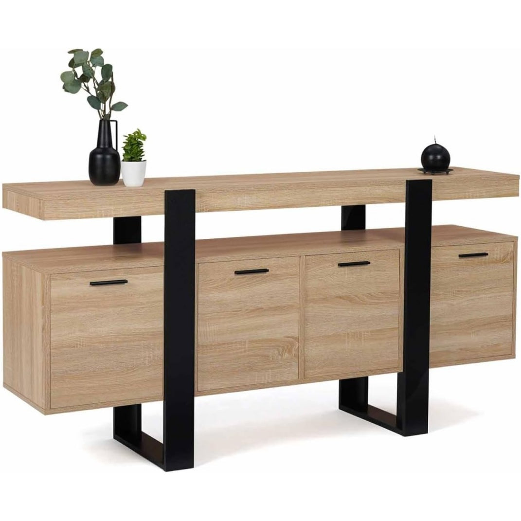 Buffet en bois 160 cm avec 4 portes, meuble de rangement finition noire