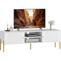Meuble TV blanc de 140 cm avec portes, niches ouvertes, passe-cables et pieds métalliques