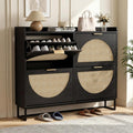 Meuble à chaussures 4 portes avec rangement réglable en rotin, armoire étroite pour entrée, couloir ou salon, 120 x 24 x 95,5 cm, noir