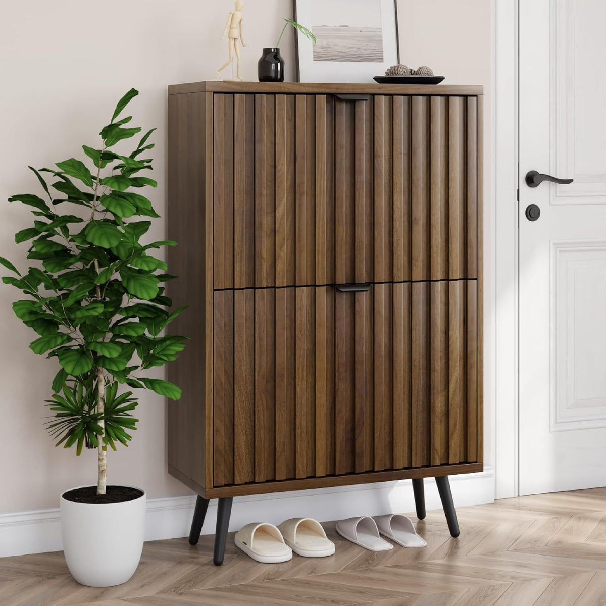 Meuble à chaussures avec 2 tiroirs rabattables, rangement compact 60 cm finition noyer pour entrée ou couloir