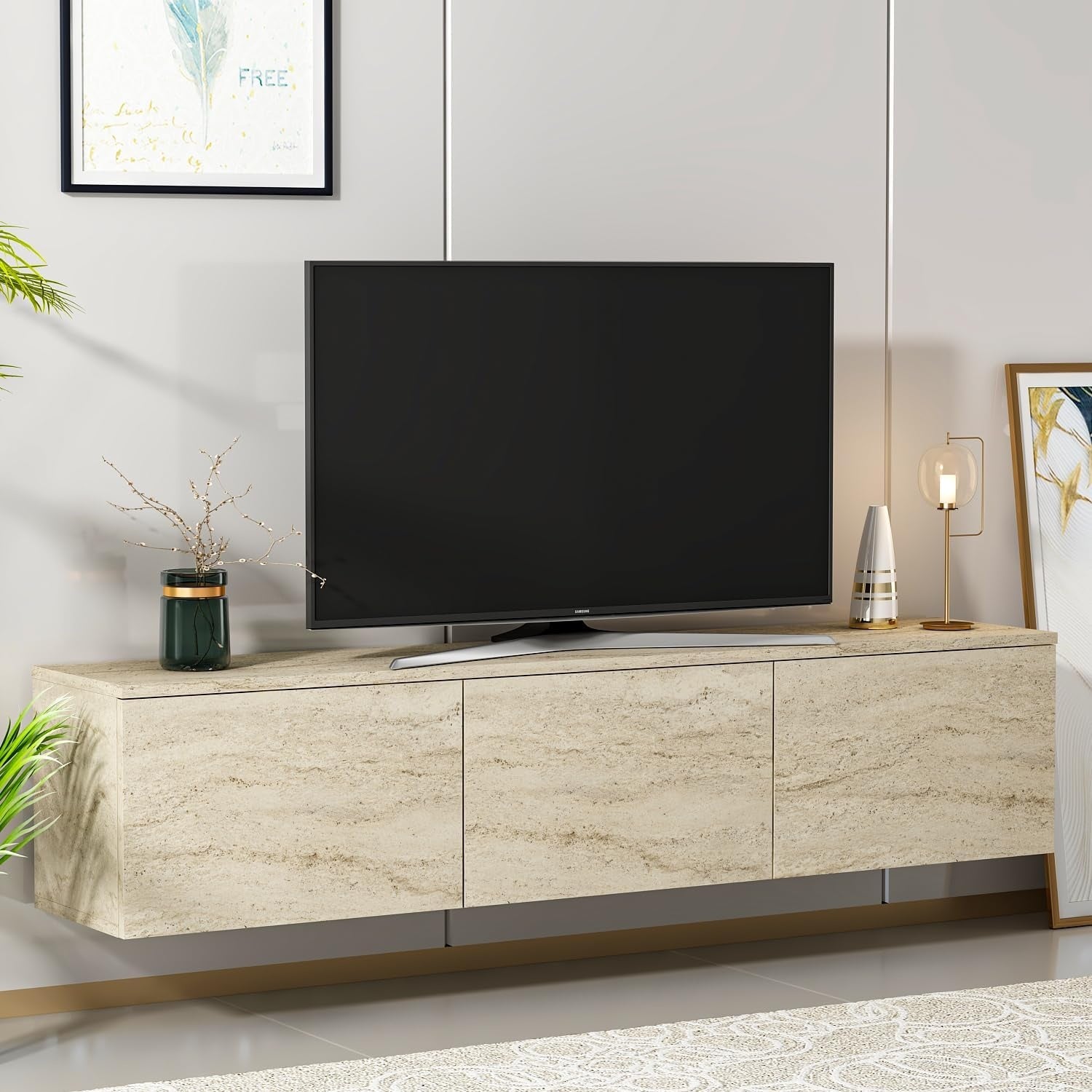 Meuble télévision mural 160 cm avec portes rabattables, décor travertin