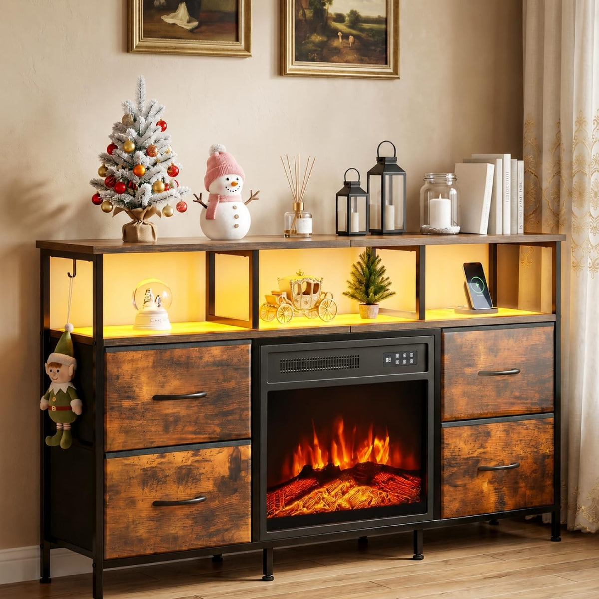 Meuble TV avec cheminée électrique intégrée, quatre tiroirs en tissu et effet flamme 3D