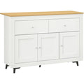 Buffet blanc équipé de trois portes, deux tiroirs et rangements pratiques pour cuisine ou salle à manger