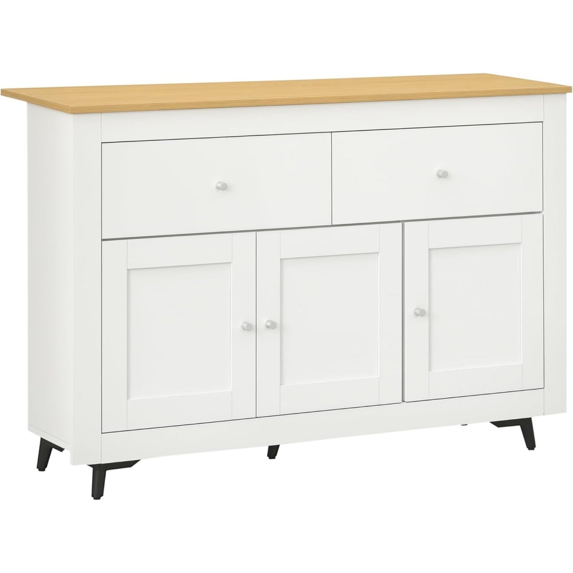 Buffet blanc équipé de trois portes, deux tiroirs et rangements pratiques pour cuisine ou salle à manger