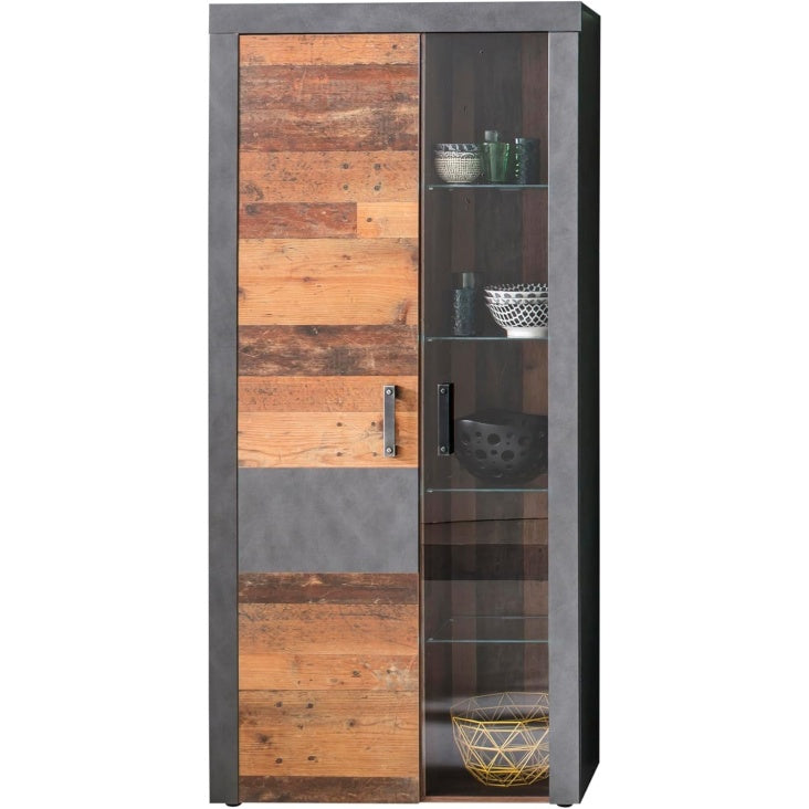 Vitrine de salon avec nombreux espaces de rangement en finition bois ancien et gris graphite