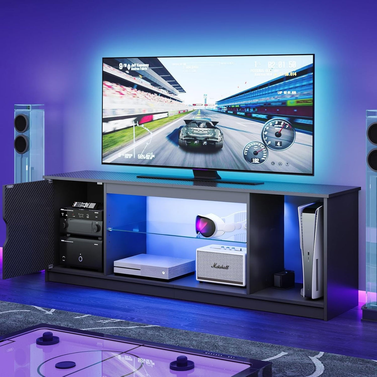 Support TV LED 145 cm avec étagères en verre réglables et rangement pour console PS5, meuble télévision moderne noir