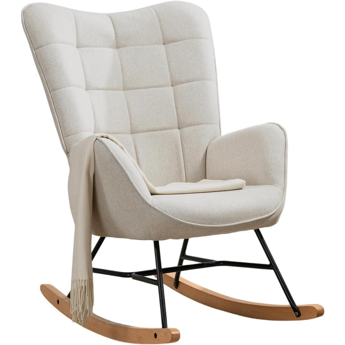 Fauteuil a bascule scandinave en tissu avec structure en bois et metal, fauteuil de relaxation beige 66 x 84 x 97 cm